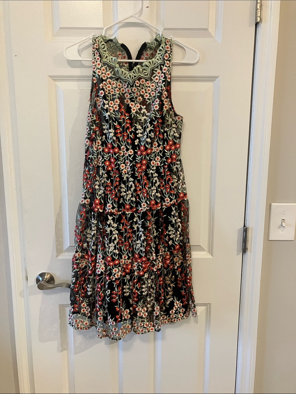 HD in Paris Black Mini Dress with Red & Green Floral Embroidery